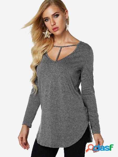 Grey Long Sleeve Top with T Strap Neckline Detail