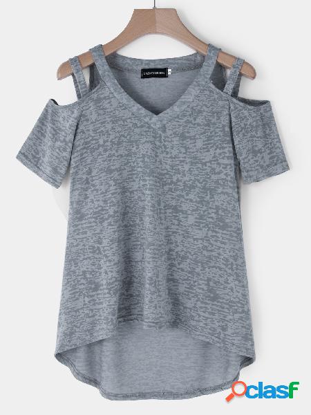 Grey Lowcut V-neck Cutout Cold Shoulder T-shirts