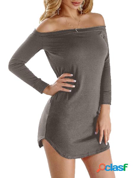 Grey Off-The-Shoulder Curved Hem Mini Dress