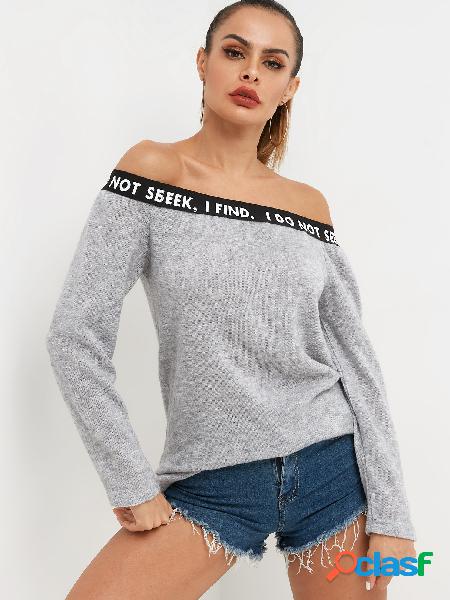 Grey Off-The-Shoulder Long Sleeved Letter Print Jumper