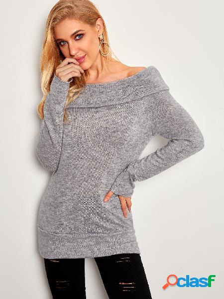 Grey Off-the-shoulder Overlay Plain Long Sleeves Sweaters