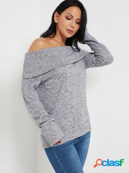 Grey One Shoulder Long Sleeves Knitted Basic Top