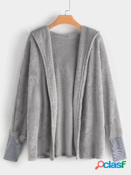 Grey Open Front Design Long Sleeves Hooded Woolen Coat