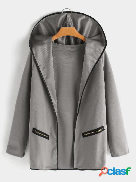 Grey Open Front Zip Pockets Coat With Big Lapel Collar