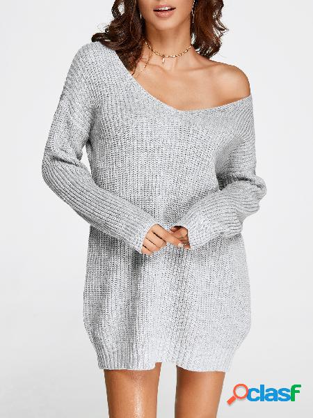 Grey Oversized Plunging V-neck Knit Sweater Dress