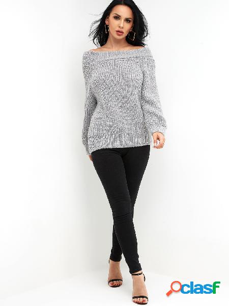 Grey Plain Off The Shoulder Long Sleeves Loose Fit Sweaters
