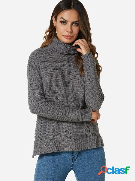 Grey Plain Roll Neck Long Sleeves Loose Fit Sweaters