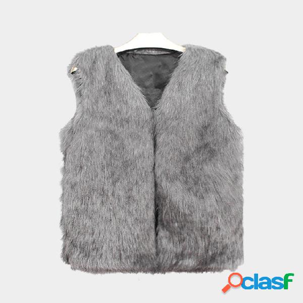 Grey Plain V-neck Sleeveless Faux Fur Coat