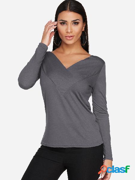 Grey Pleated Design Plain V-neck Long Sleeves T-shirts