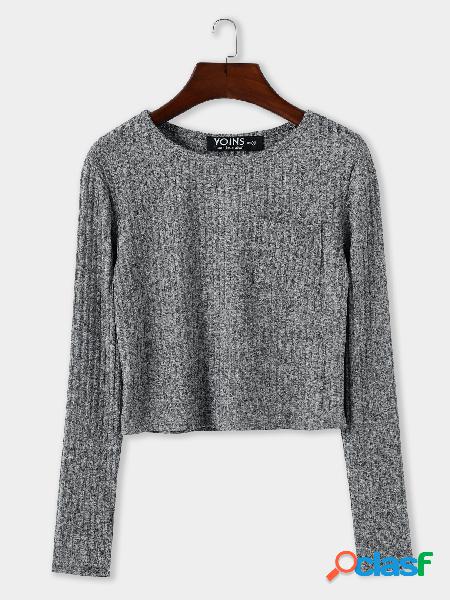 Grey Pocket Design Round Neck Long Sleeves Knitted Top
