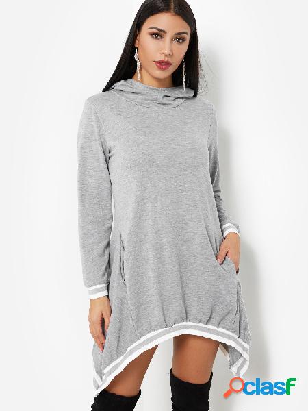 Grey Pullover Hooded Design Irregular Hem Sweatshirt Dress