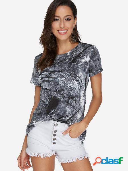 Grey Random Floral Print Round Neck Short Sleeves T-shirt