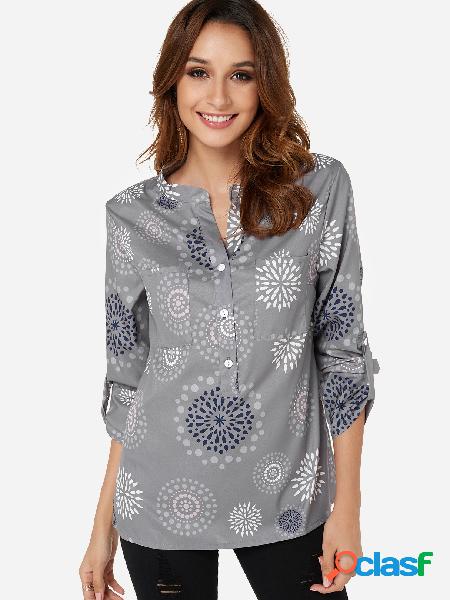 Grey Random Floral Print V-neck Long Sleeves Shirt