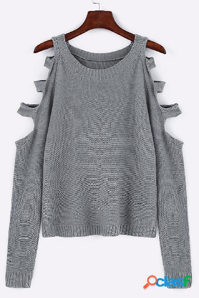 Grey Round Neck Hollow Out Sweater