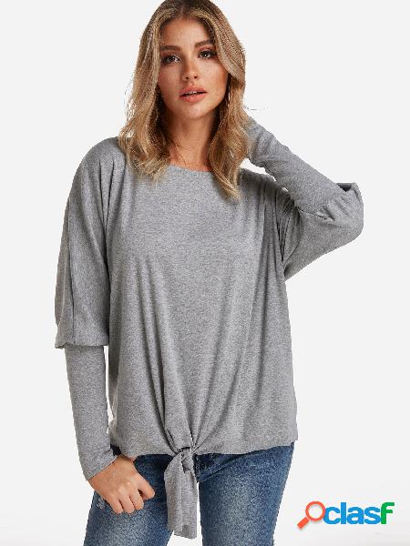 Grey Self-tie Design Plain One Shoulder Bat Sleeves Top