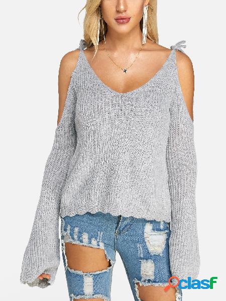 Grey Self-tied Design Cold Shoulder Flared Sleeves Sweater