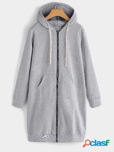 Grey Side Pockets Hooded Long Sleeves Long Length Coat