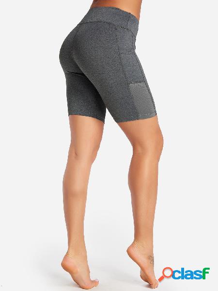 Grey Side Pockets Plain High-waisted Bodycon Sports Shorts