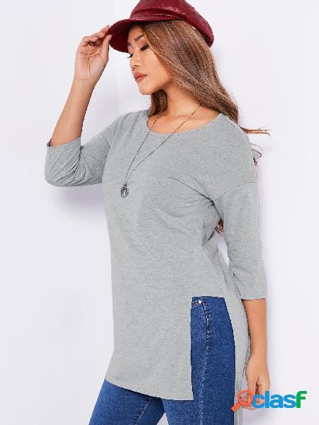 Grey Slit Design Round Neck Long Sleeves Long Length Top