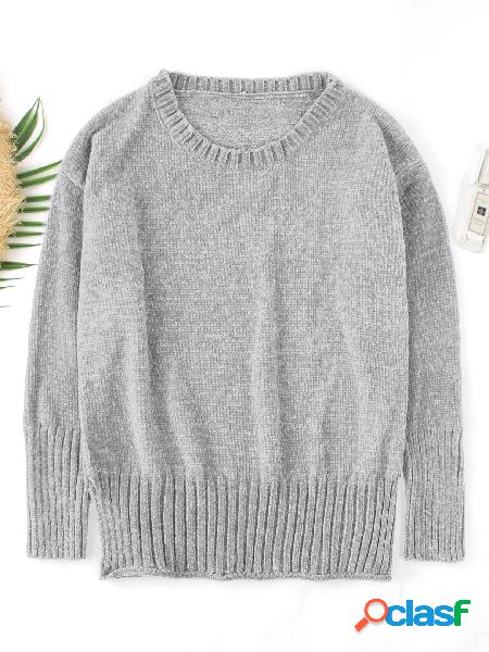 Grey Slit Design Round Neck Long Sleeves Sweater