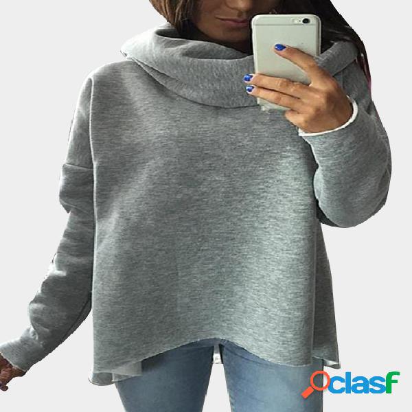 Grey Solid Color Turtleneck Long Sleeves Sweatshirt