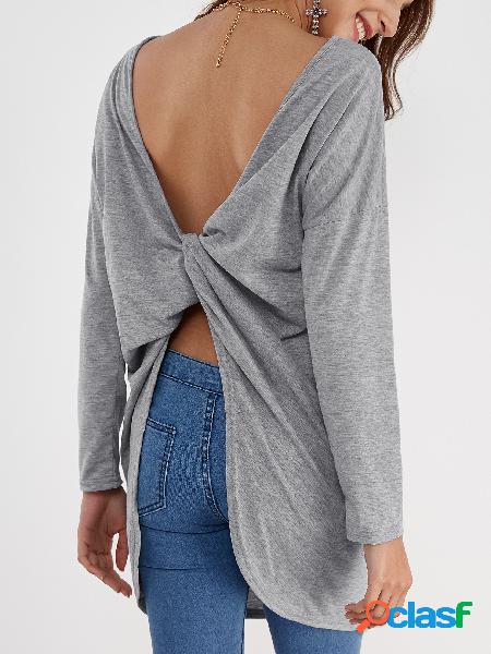 Grey Solid Color Twisted Back Long Sleeves T-shirt