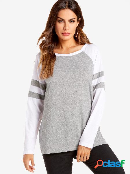 Grey Spell Color Round Neck Long Sleeves T-shirt