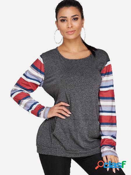 Grey Stripe Round Neck Long Sleeves Big Pocket Sweatshirt