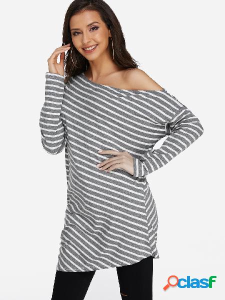 Grey Striped Cutout One Shoulders Asymmetrical T-shirts