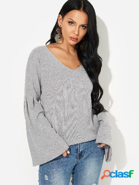 Grey V-neck Long Bell Sleeves T-shirt