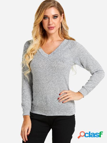 Grey V-neck Long Sleeves Bodycon Hem Casual Sweater