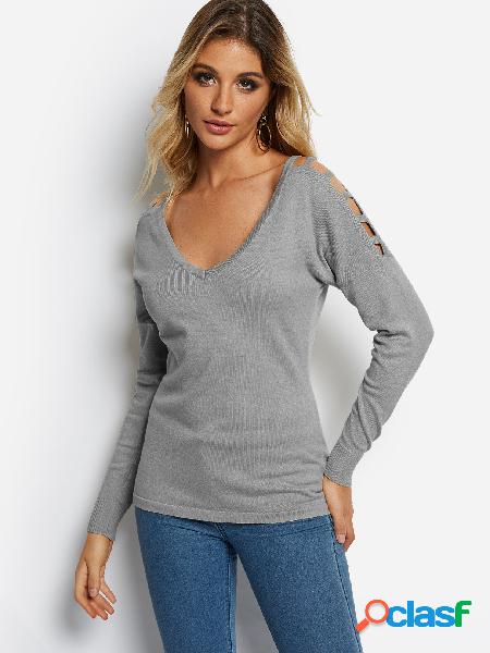 Grey V-neck Long Sleeves Cut-out Design Sweater
