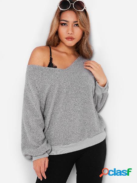 Grey V-neck Long Sleeves Fleece Fuzzy Loose Pullover Sweater