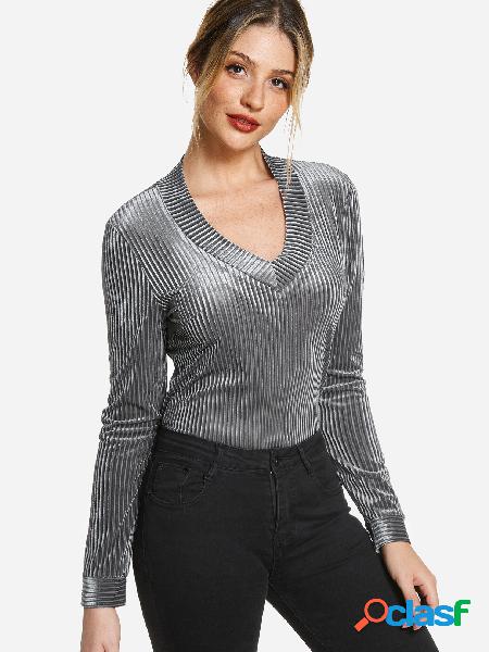 Grey V-neck Long Sleeves Knitted Velvet Top