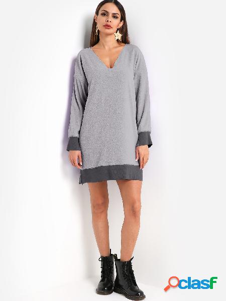 Grey V-neck Long Sleeves Patchwork Sweatshirt Dress