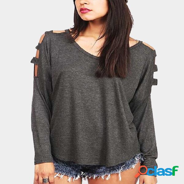 Grey V-neck Long Sleeves Shirt with Cut Out Details