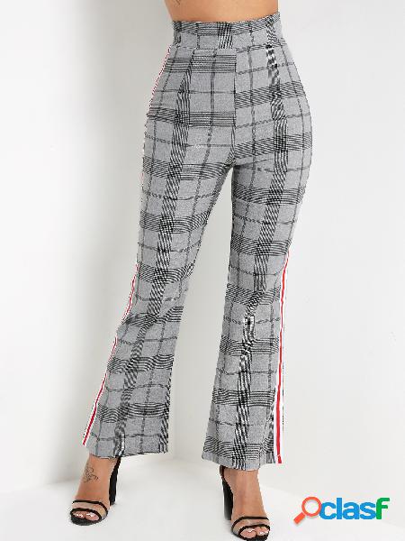 Grey Wide Leg Grid High-waisted Pants