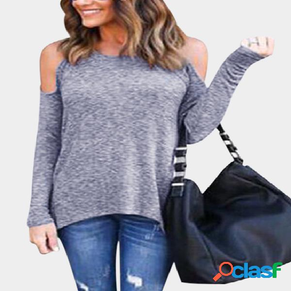 Grey Zip Design Cold Shoulder Long Sleeves Tee