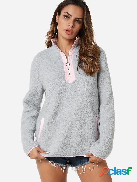 Grey Zip Design Perkins Collar Long Sleeves Sweatshirts With