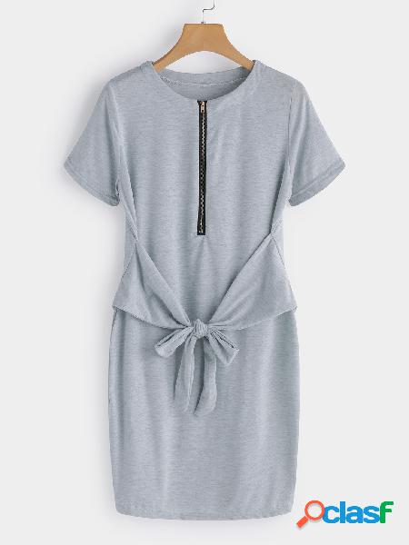 Grey Zip Design Plain Round Neck Short Sleeves Mini Dress