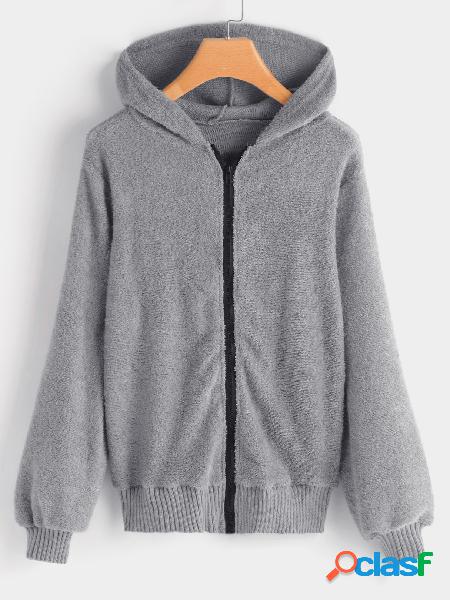 Grey Zip Up Fluffy Faux Fur Hooded Design Coat
