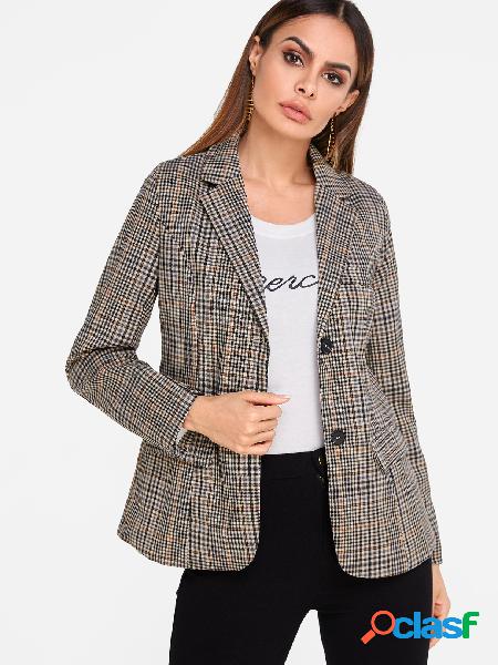 Grid Single Breasted Lapel Collar Patch Pockets Long Sleeves