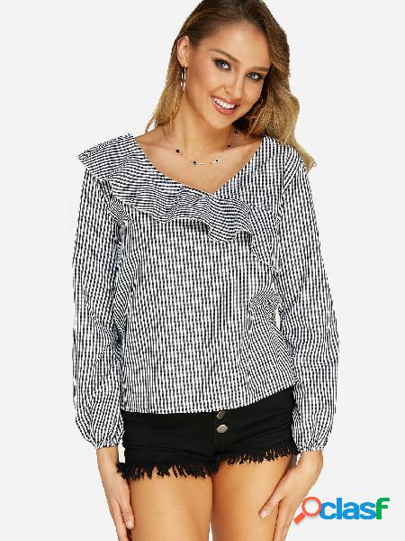 Grid V-neck Long Sleeves Flouncy Embellished Shirt