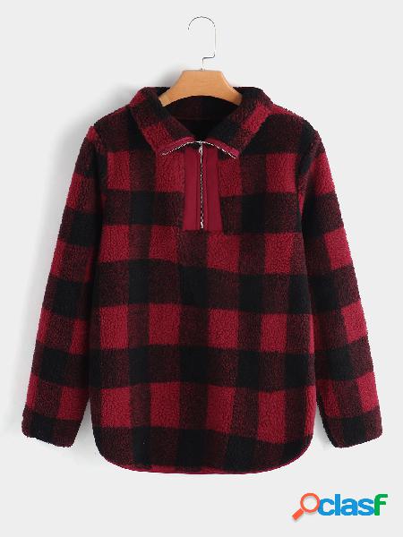 Grid Zip Design High Neck Long Sleeves Faux Fur Sweatshirts