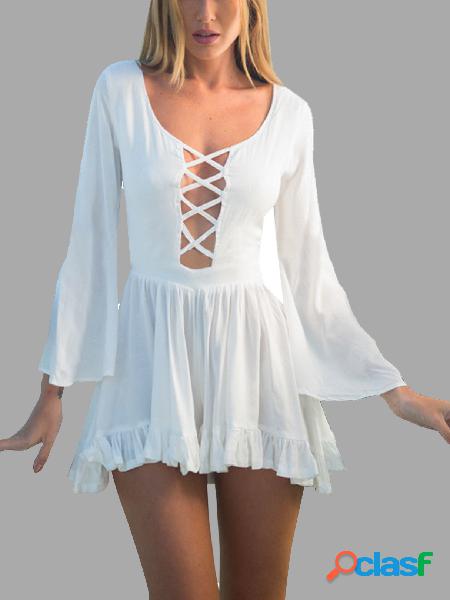 Hollow Out V-back Playsuit in White