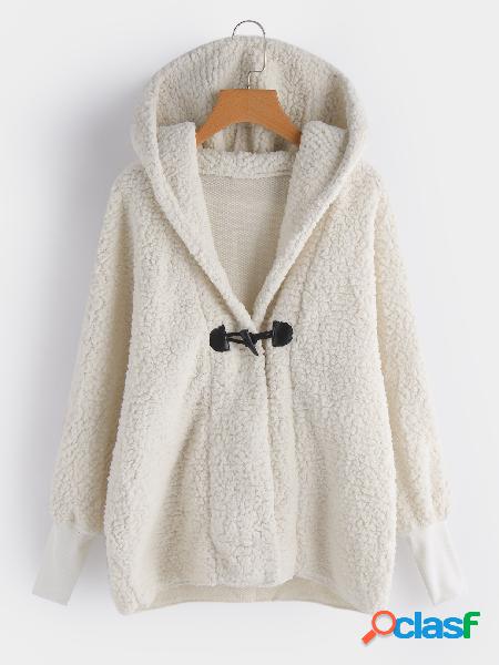 Hooded White Button Keyhole Design Long Sleeves Woolen Coat