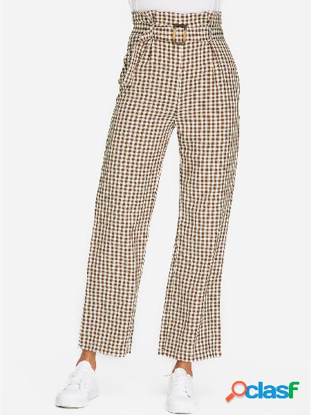 Khaki Belt Design Grid High-waisted Pants