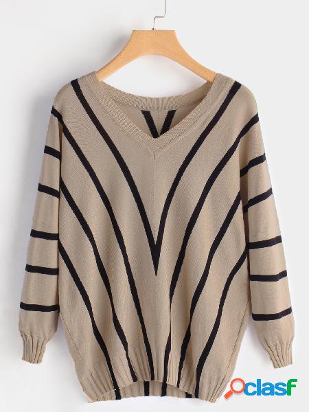 Khaki & Black Stripe V-neck Dolman Sleeve Sweater