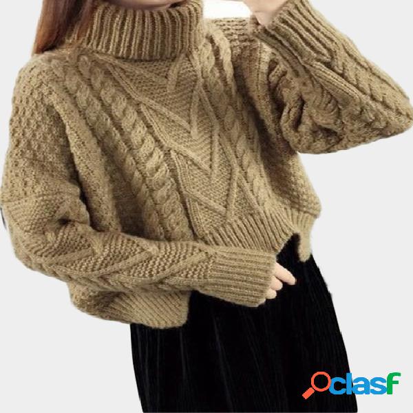 Khaki Cable Knit Turtleneck Long Sleeves Sweaters