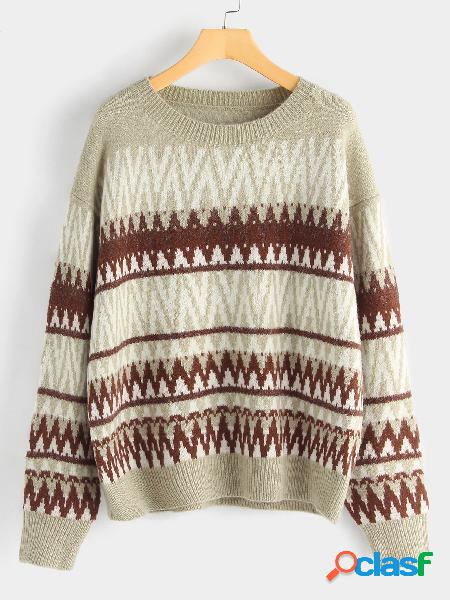 Khaki Casual Tribal Print Round Neck Long Sleeved Pullover